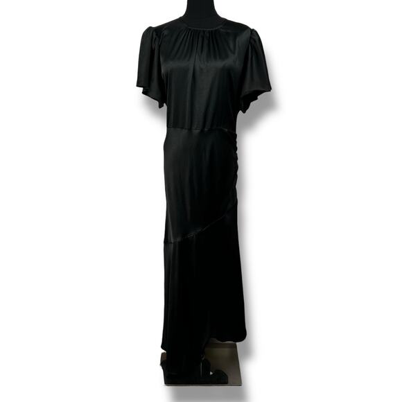 Chelsea28 Black Satin Flutter Sleeve Asymmetric Maxi Length Dress Womens Size M - Picture 3 of 11